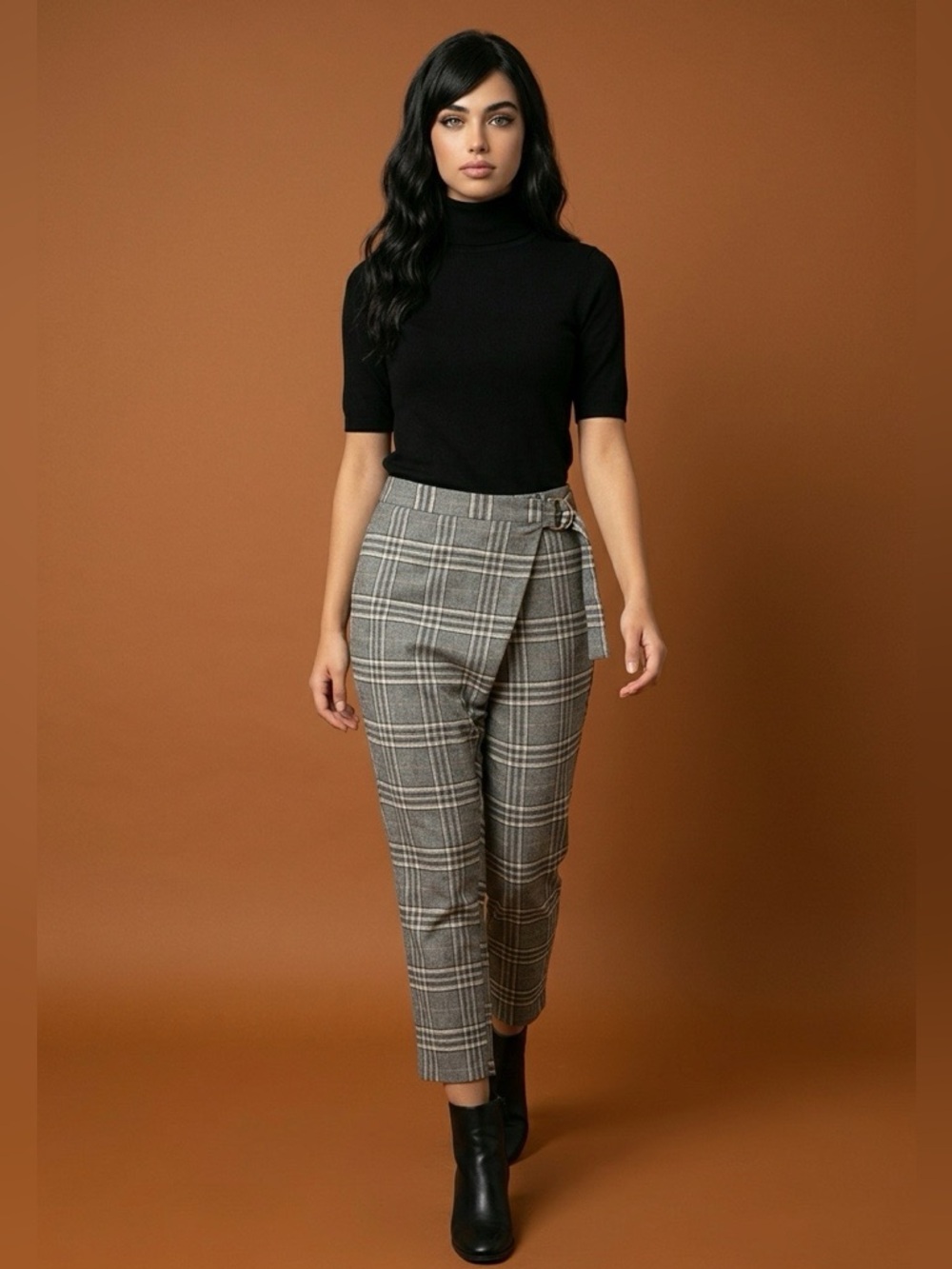 Zara Trafa Wool Plaid  Ankle Pants Trousers Tie Belt Gray Check XS